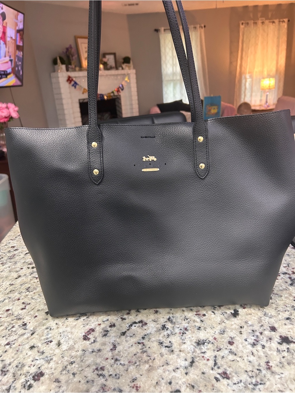 Coach Black Pebbled Leather Tote with Gold Accents